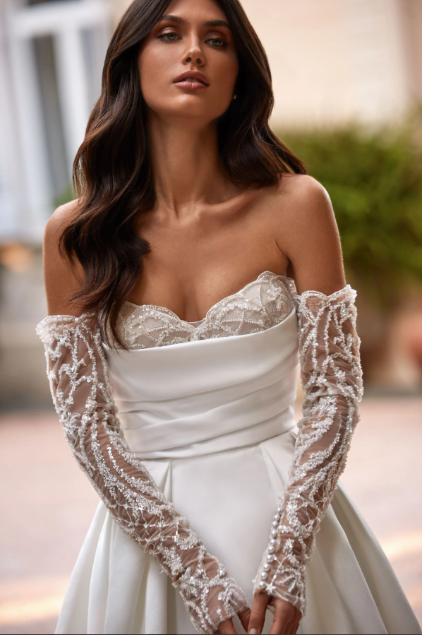 Meriann 3346 – Regal A-Line Mikado Wedding Dress with Lace Details & Optional Removable Sleeves